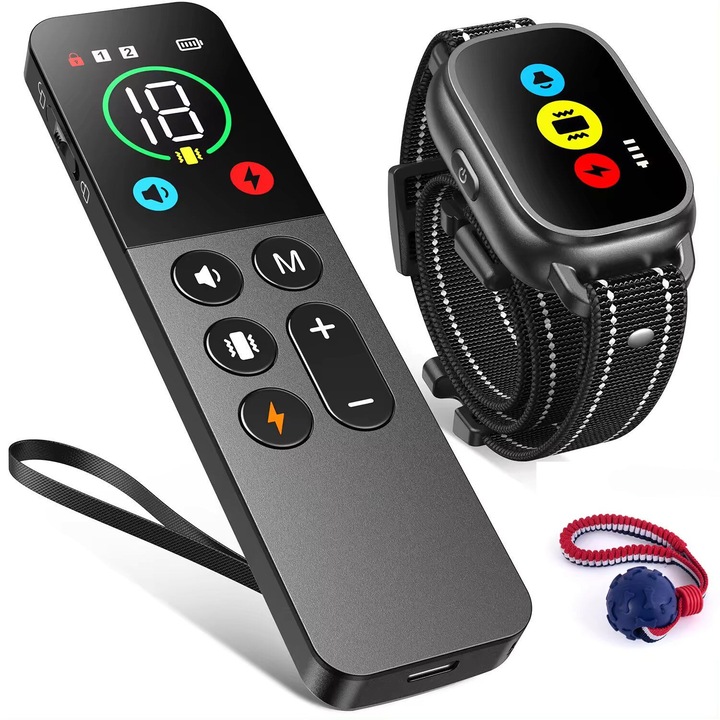 Zgarda electrica pentru dresaj caini LUKETO®, cu telecomanda, Display LED, 3 Moduri dresaj, Raza actiune 800m, Vibratii cu 18 nivele de intensitate, Avertizare sonora, Incarcare rapida tip USB-C, Autonomie 35 zile, Rezistenta la apa si praf, Neagra