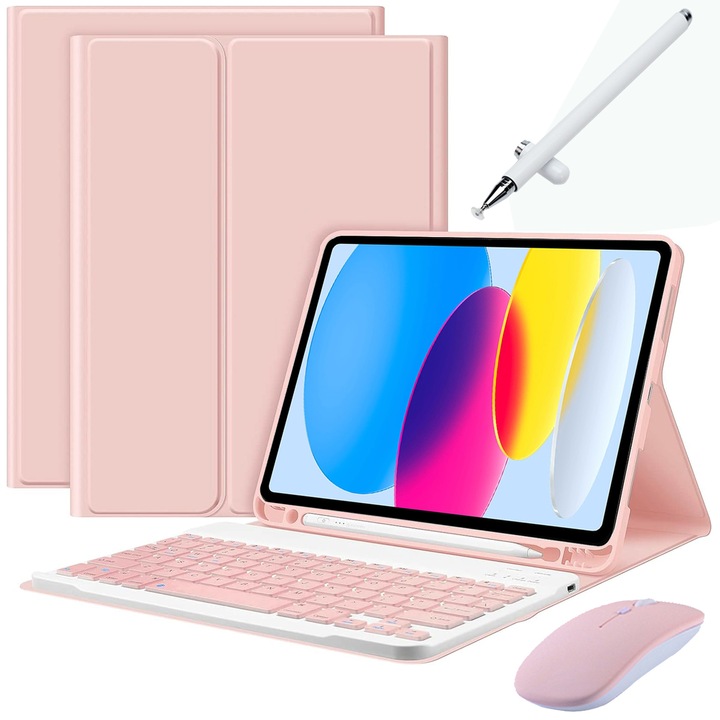 Калъф с клавиатура за таблет за iPad 10 Gen.2022 10,9", 7 цвята с подсветка, тънък, подвижна Bluetooth клавиатура, включва мишка, капацитивен химикал, силиконова мембрана, капак на клавиатурата, розов