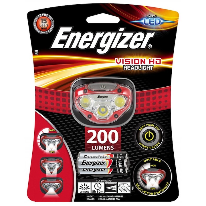 Фар Energizer Vision HD, 200 lm, 50 m + 3 батерии AAA Червен