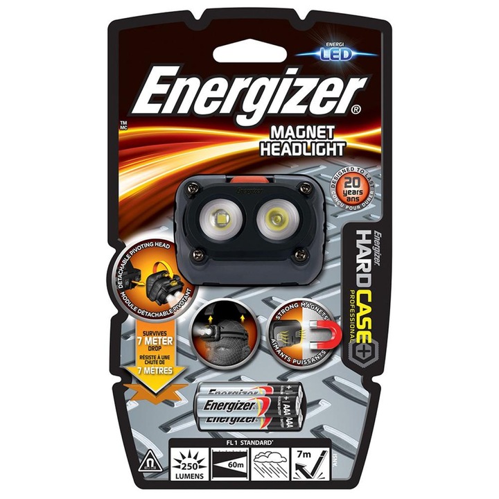 Energizer Magnet Headlight LED Челна лампа, 250 lm, 60 m + 3 батерии AAA Черен