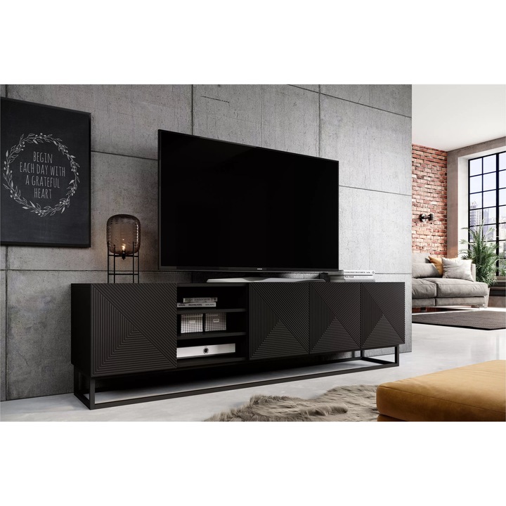 Comoda TV, Bogart, Asha, Ondulat Cu Locas Si Cadru Metalic, 200 x 56 x 40 cm, PAL/MDF/HDF, Negru Mat