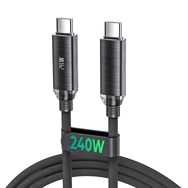 Кабел за зареждане и пренос на данни, Timebox, Super Fast-Charge 240W, 2m, найлон, USB-C към Type-C, съвместим Macbook, лаптоп, Android, Samsung, Huawei, Xiaomi, черен