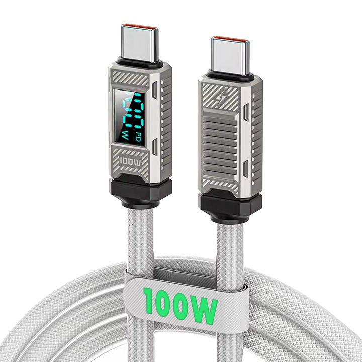 Töltő- és adatátviteli kábel, Timebox, gyorstöltés 100 W, digitális kijelző, 2 m, nylon + szilícium, USB-C-C típusú, kompatibilis a következőkkel: iPhone 15, Macbook, Android, Samsung, Huawei, Xiaomi, fehér