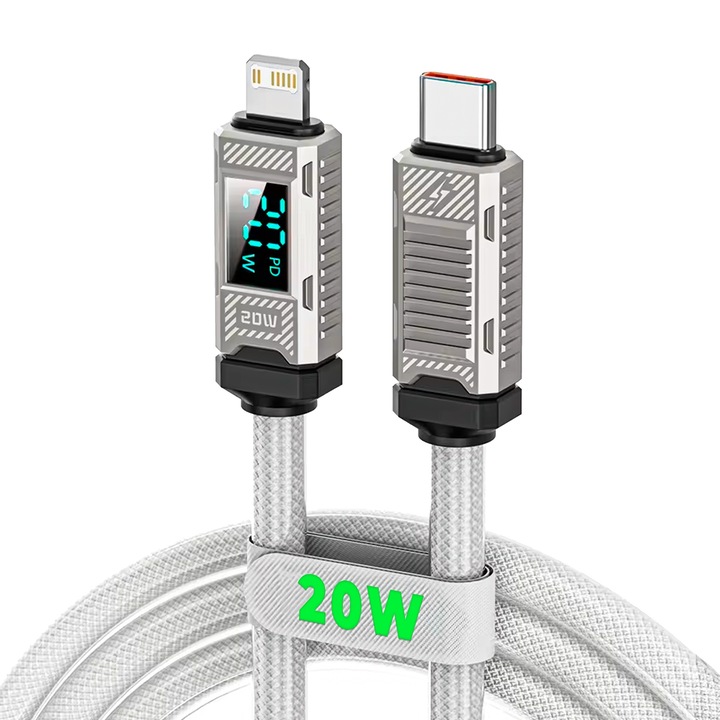 Töltő- és adatátviteli kábel, Timebox, gyorstöltés, digitális kijelző, 2 m, nylon, USB-C a Lightninghez, kompatibilis iPhone-nal, Macbook-kal, Airpodokkal, fehér