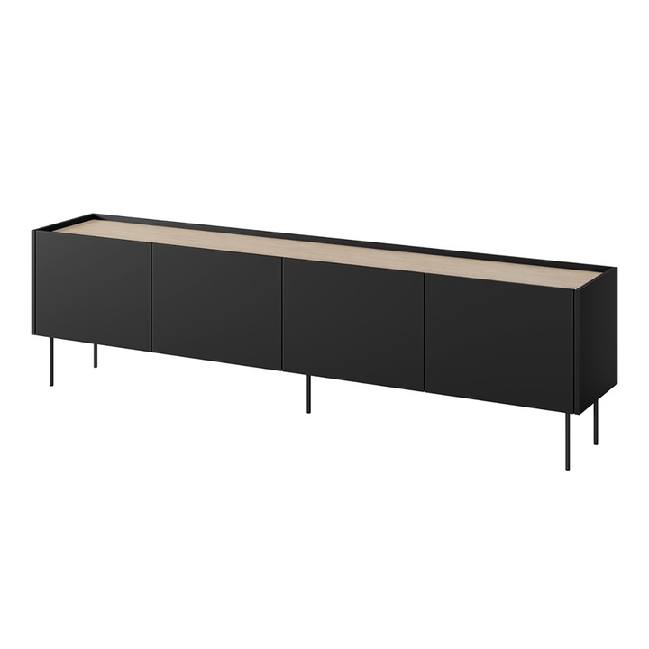 Comoda TV, Bogart, Desin, Cu Patru Usi Cu Sertare Ascunse, 220 x 60 x 40 cm, PAL/HDF, Negru Mat/Lemn