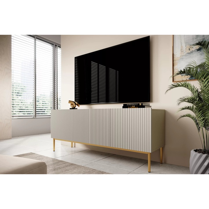 Comoda TV, Bogart, Nicole, Modern Cu Sertar Si Picioare Metalice, 150 x 53 x 45 cm, PAL/MDF/HDF, Casmir/Auriu
