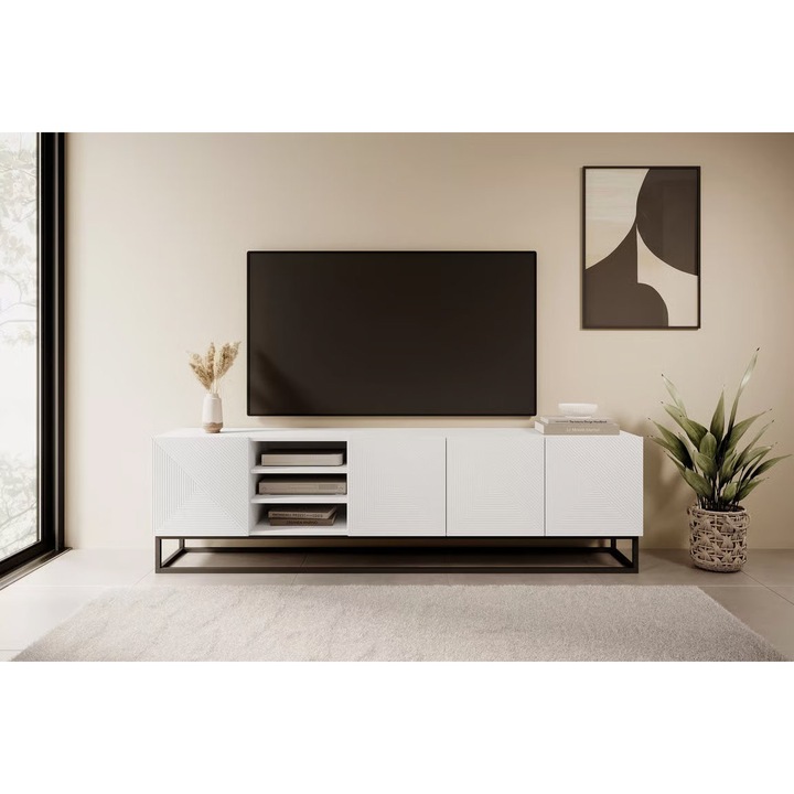 TV szekrény, Bogart, Asha, hullámos, hornyolt fém kerettel, 200 x 56 x 40 cm, forgácslap/MDF/HDF, fehér