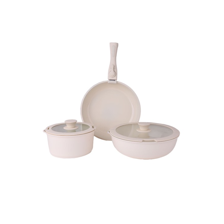 Set 5 piese din ceranica, compus din 2 oale, 1 tigaie si 2 capace de sticla, crem, ZILAN / ZLN 0965