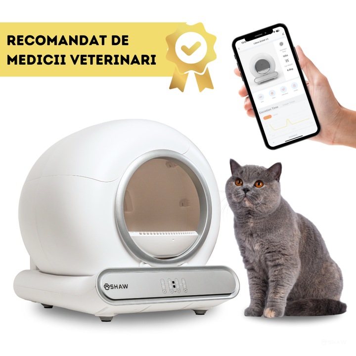 Litieră automată SHAW® V3 pentru pisici, auto-curățare, eliminare mirosuri, 9L