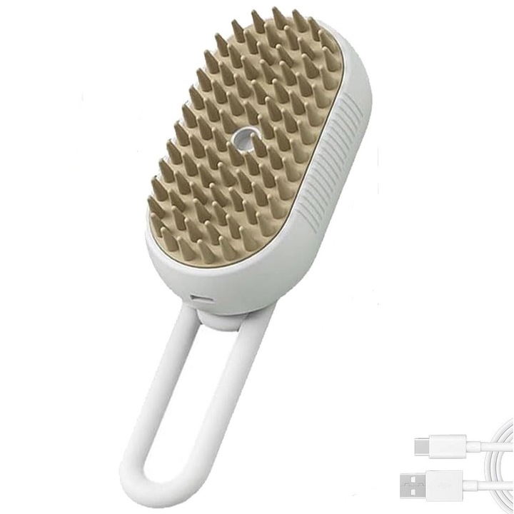 Gőzkefe szilikon fogakkal tisztításhoz, ápoláshoz és masszázshoz, kutyáknak és macskáknak, USB töltés, fehér