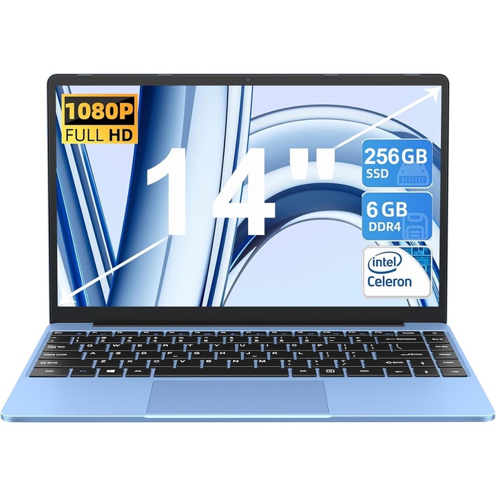 Laptop ultraportabil Aocwei A5 cu procesor Intel Celeron N4020 pana la 2.8 GHz, 14", FHD, IPS, 6GB DDR4, 256GB SSD, Intel UHD Graphics 600, Windows 11, Albastru