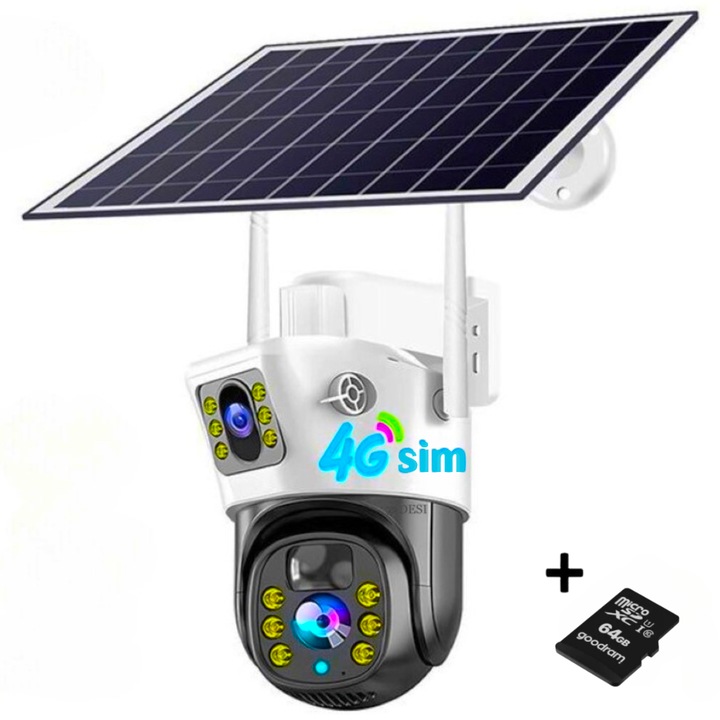 SIM камера за наблюдение 72DESI, 4 MP+Zoom 4x, HD 1920x1080p, соларен панел+6 батерии, мобилно приложение V380 PRO, IP67, двузоново наблюдение, 32GB карта, бяла