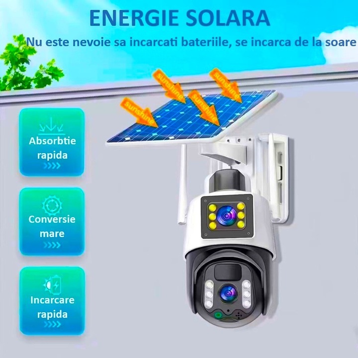 SIM камера за наблюдение 72DESI, 4 MP+Zoom 4x, HD 1920x1080p, соларен панел+6 батерии, мобилно приложение V380 PRO, IP67, двузоново наблюдение, 32GB карта, бяла