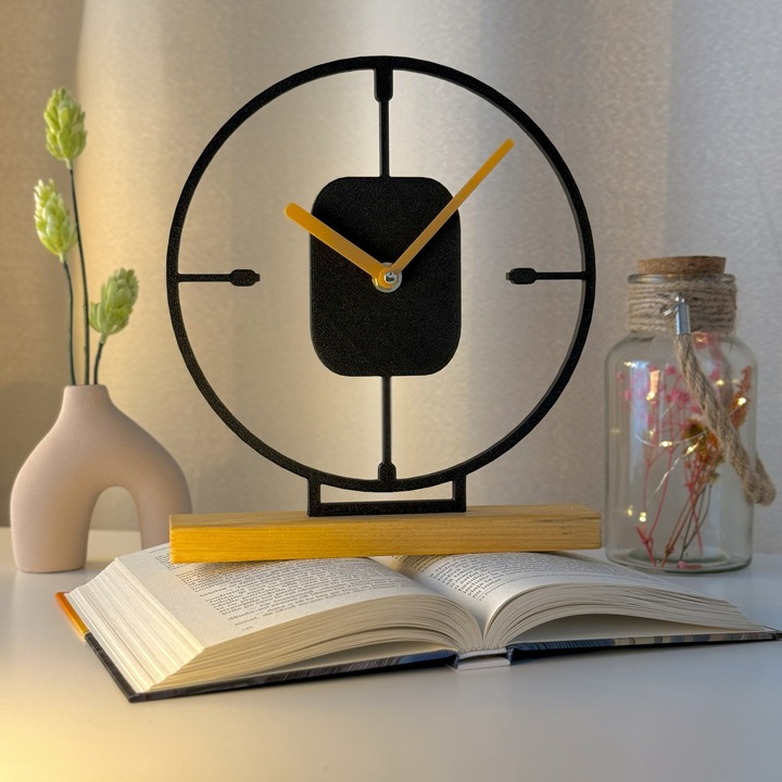 Ceas decorativ, Mecanism SILENTIOS, DECORADI®, Eco-friendly, Baza din Lemn Natural, Design Abstract, Negru 23cm – Cadou sau Ceas de camera decorativ cu design modern, Printat 3D din PLA ECO (plastic biodegradabil)