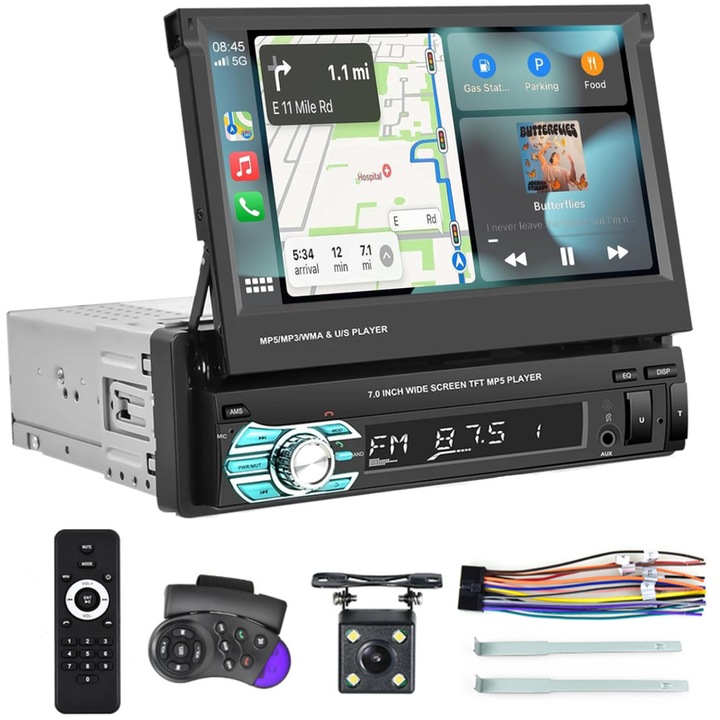 WALALLA GPS навигация, прибиращ се 7-инчов сензорен екран, Bluetooth, USB, камера за заден ход, черен
