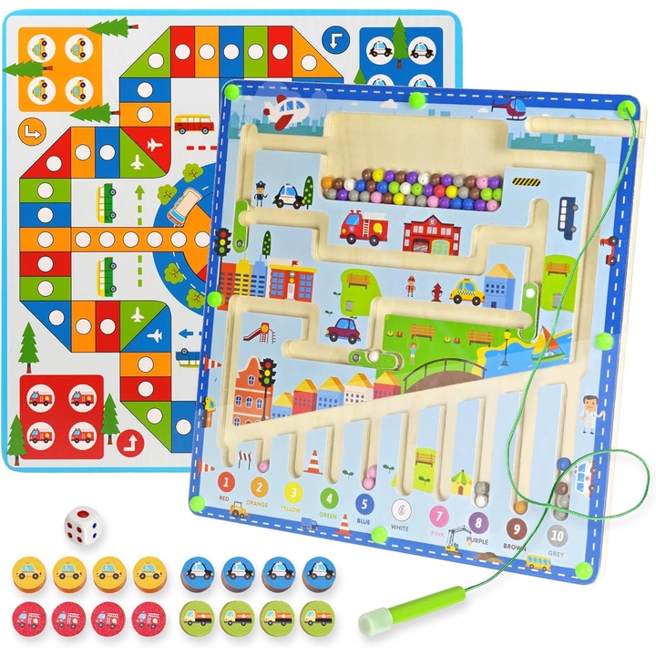 Placa Montessori activitati, lemn, 2 in 1, labirint magnetic sortare culori si numere, Board Games cu masini