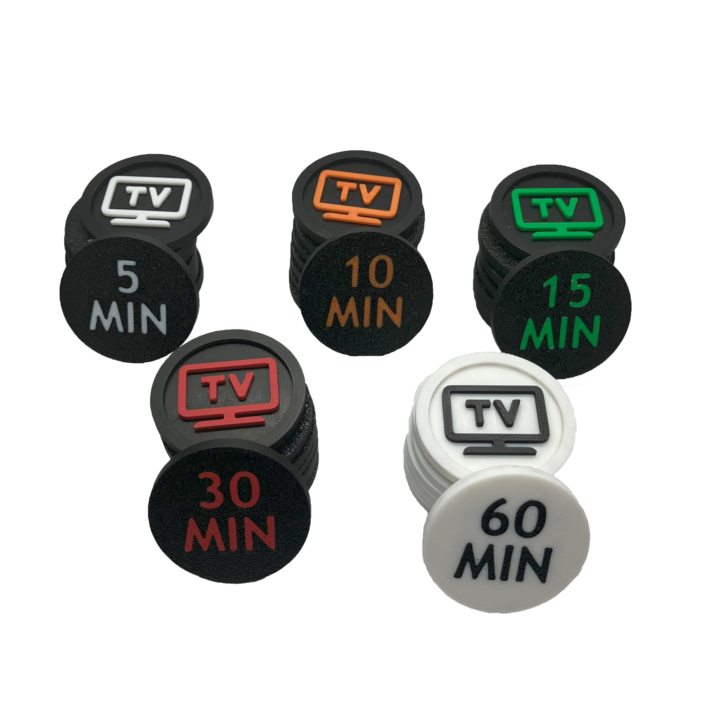 Set de 18 Monede pentru Limitarea Timpului de Ecran al Copiilor, 4x5 minute, 4x10 minute,4x15 minute,4x30 minute, 2x60 minute, Plastic, Multicolor