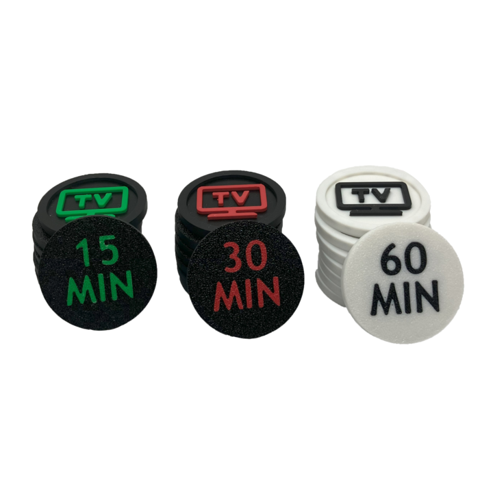 Set de 12 Monede pentru Limitarea Timpului de Ecran al Copiilor, 4x15 minute, 4x30 minute, 4x60 minute, Plastic, Multicolor