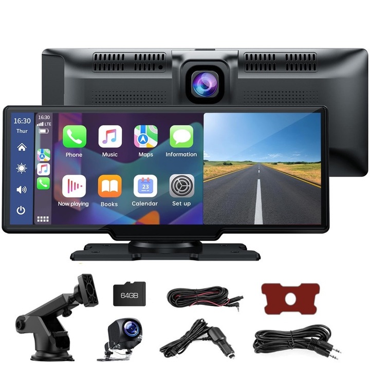 WALALLA GPS навигация, 10.26 инчов сензорен екран, Двойна камера 2.5K + 1080P, Bluetooth, CarPlay, Android Auto, Черен