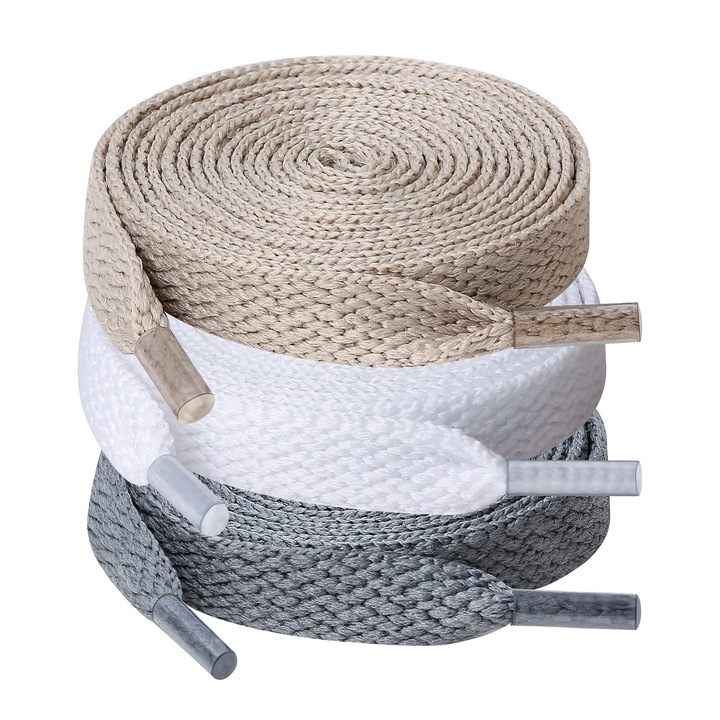 Sireturi pentru incaltaminte din material textil, 3 perechi, 121 cm, Universale, Alb/ Gri/ Bej