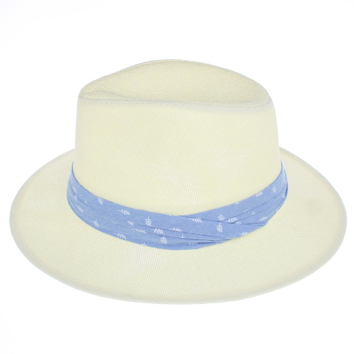 Мъжка шапка за слънце, изработена от хартиена сламка, Anoul, със синя текстилна лента, бяла, Крем