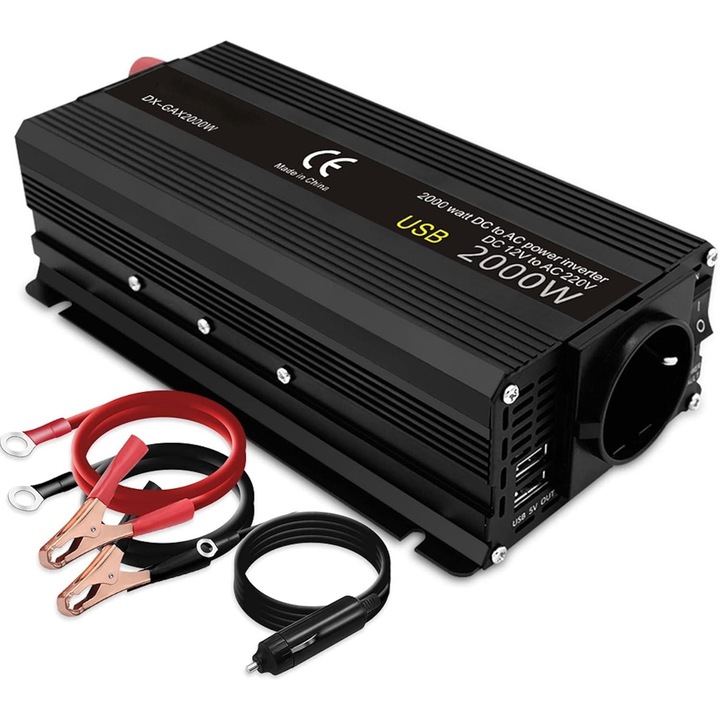 Автомобилен инвертор 12V, EXCITED, изходно напрежение 220V, изходна мощност 800W-2000W, 24 x 11 x 6 cm, 2 метода, черен