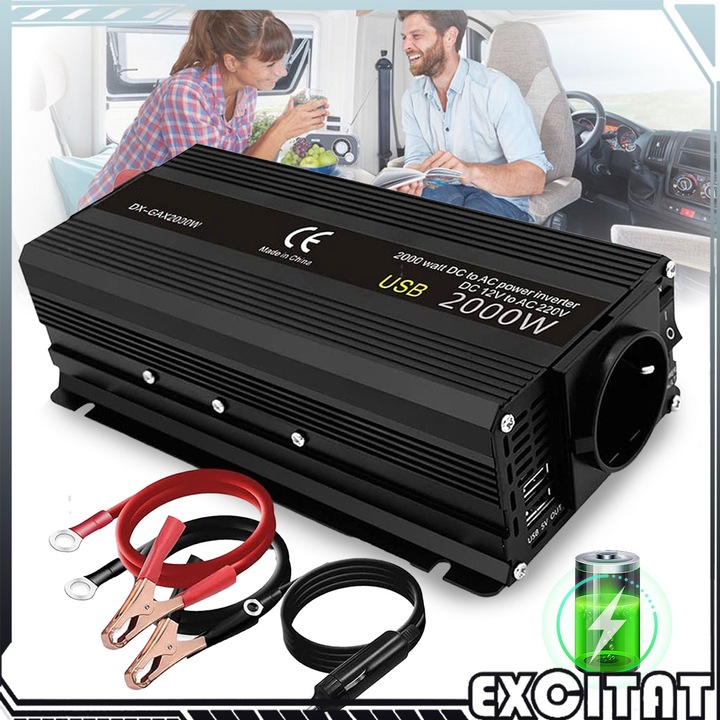 Invertor auto 12V, EXCITAT, tensiune de iesire 220V, putere de iesire 800W-2000W, 24 x 11 x 6 cm, 2 metode de intrare, negru
