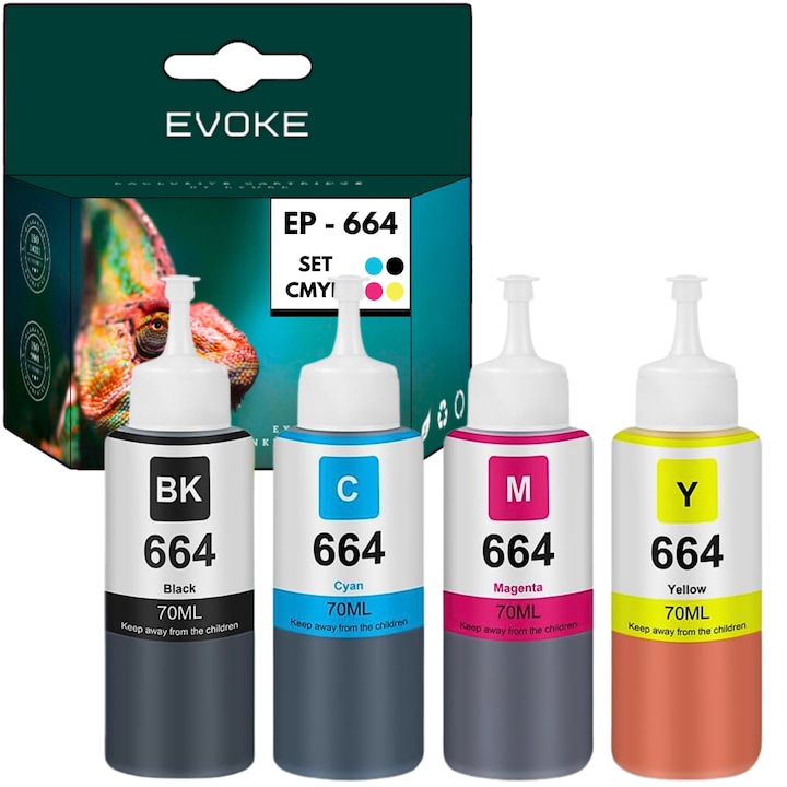 SET 4 db Epson 664 nyomtató tintapalack, 4x 70 ml, egyenként 6400 oldal, IEcoTank L110, L120, L121, L485, L455, L365, L386, L385, L382, L386, L385, L382, L380, L300, L300, L300, L300