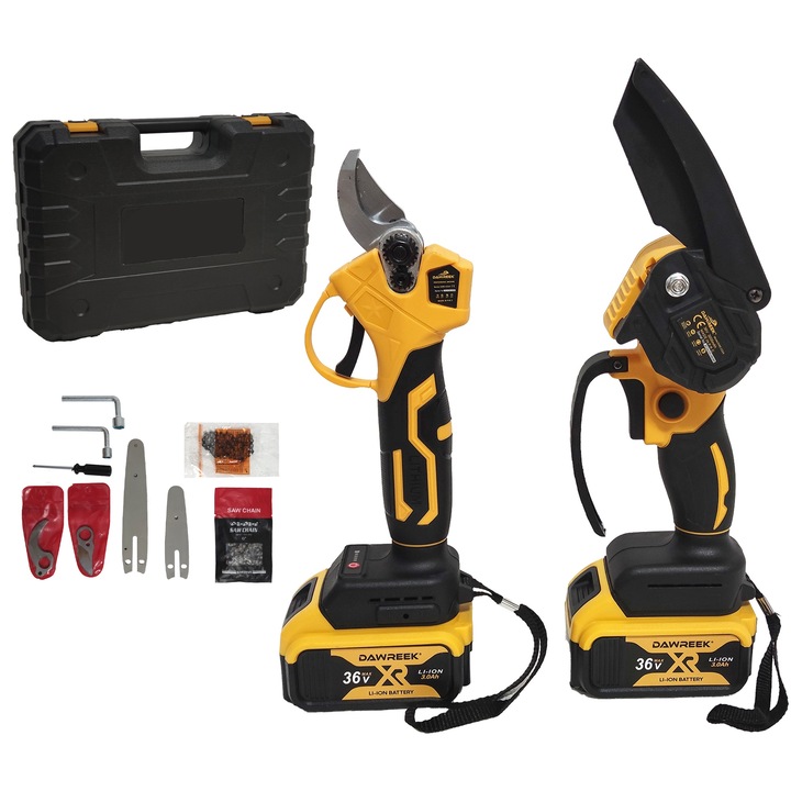 Комплект трион и ножица, акумулаторен, 36 V, 3 Ah, 2 ножа + 2 вериги 4" и 6", резервни ножици, 2 батерии, 1 зарядно