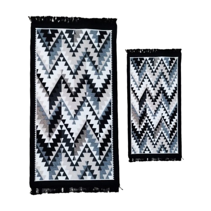 Set 2 Covoare Fantezie, model zig-zag, negru si gri, 1x60x90 cm, 1x80x150 cm F02
