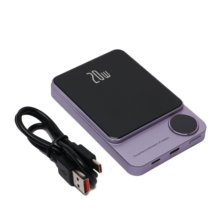 Външна магнитна безжична батерия 10 000 mAh, NEXTLY, бързо зареждане, 20 W, безжично зареждане 5 W, 7,5 W, 15 W, съвместима с MagSafe, Type-C портове, светкавица, лилаво