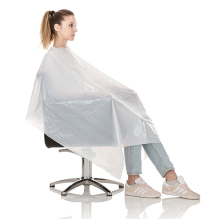 Set de 50 pelerine albe pentru vopsit sau tuns, din polietilena, 100 x 150 cm, Athina