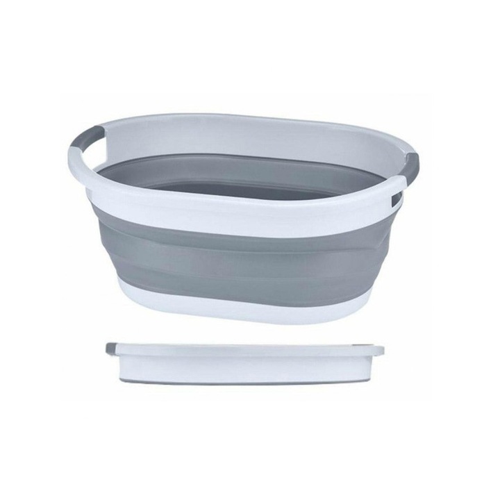 Cos pentru rufe pliabil, PrzydaSie.pl, silicon, capacitate 25L, alb-gri, 54x38x24cm