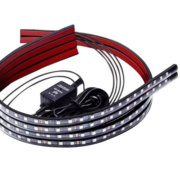 Комплект LED светлини Auto BeatRadiance 4x60cm 2x180cm за екстериора на автомобила, OPTIM SOLUTION, RGBIC светлинни ефекти, Синхронизация на музика, Разширен 2-жилен дизайн, Монтаж под колата, Smart App Control, Bluetooth, Отлична водоустойчивост, Черен