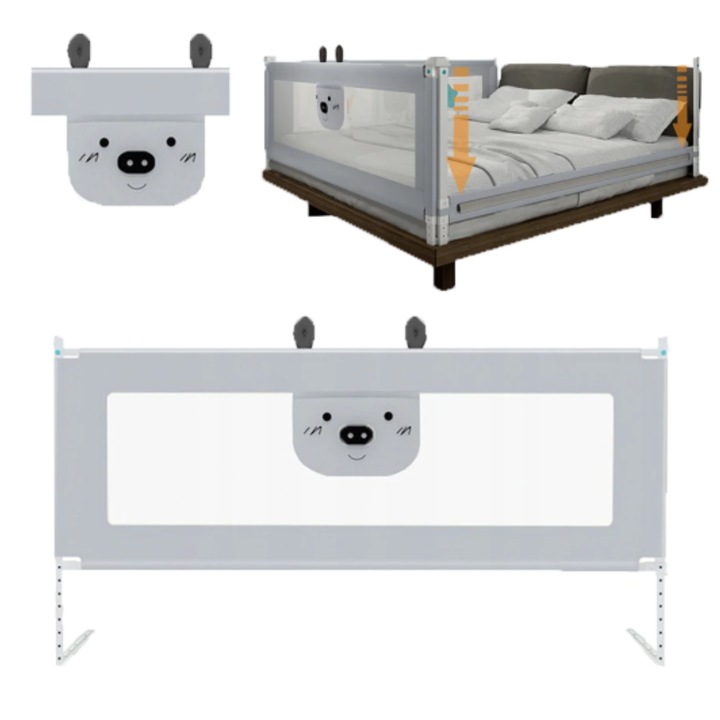 Bariera protectie pat HappyKID culisanta XXL 180 cm Baby Bear, inaltime reglabila 68-98 cm