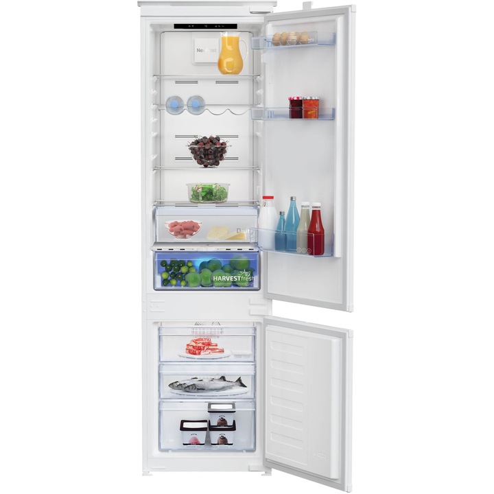 Хладилник с фризер за вграждане Beko BCNA306E5SN, 284 л, NeoFrost Dual cooling, HarvestFresh, Everfresh+, Рафт за бутилки, Компресор ProSmart Inverter, Сензорен дисплей, Dairy, Клас D, H 194 см, Бял