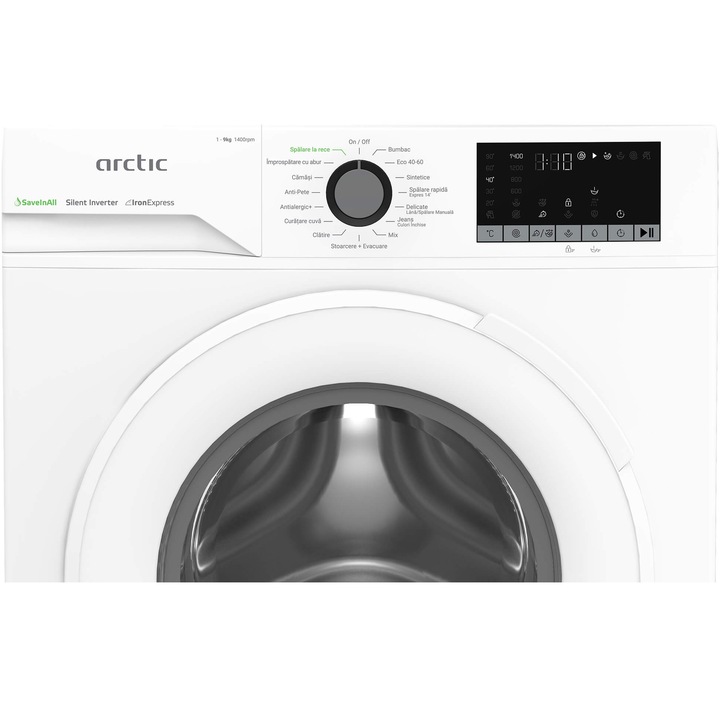 Masina de spalat rufe Arctic APLM2WFSU29412W, 9 Kg, 1400 RPM,Clasa A, Motor Silent Inverter, ExtraSteam, IronExpress, Fast/Intensive, Steam, WaterMode, Child Lock, Add-In, Alb