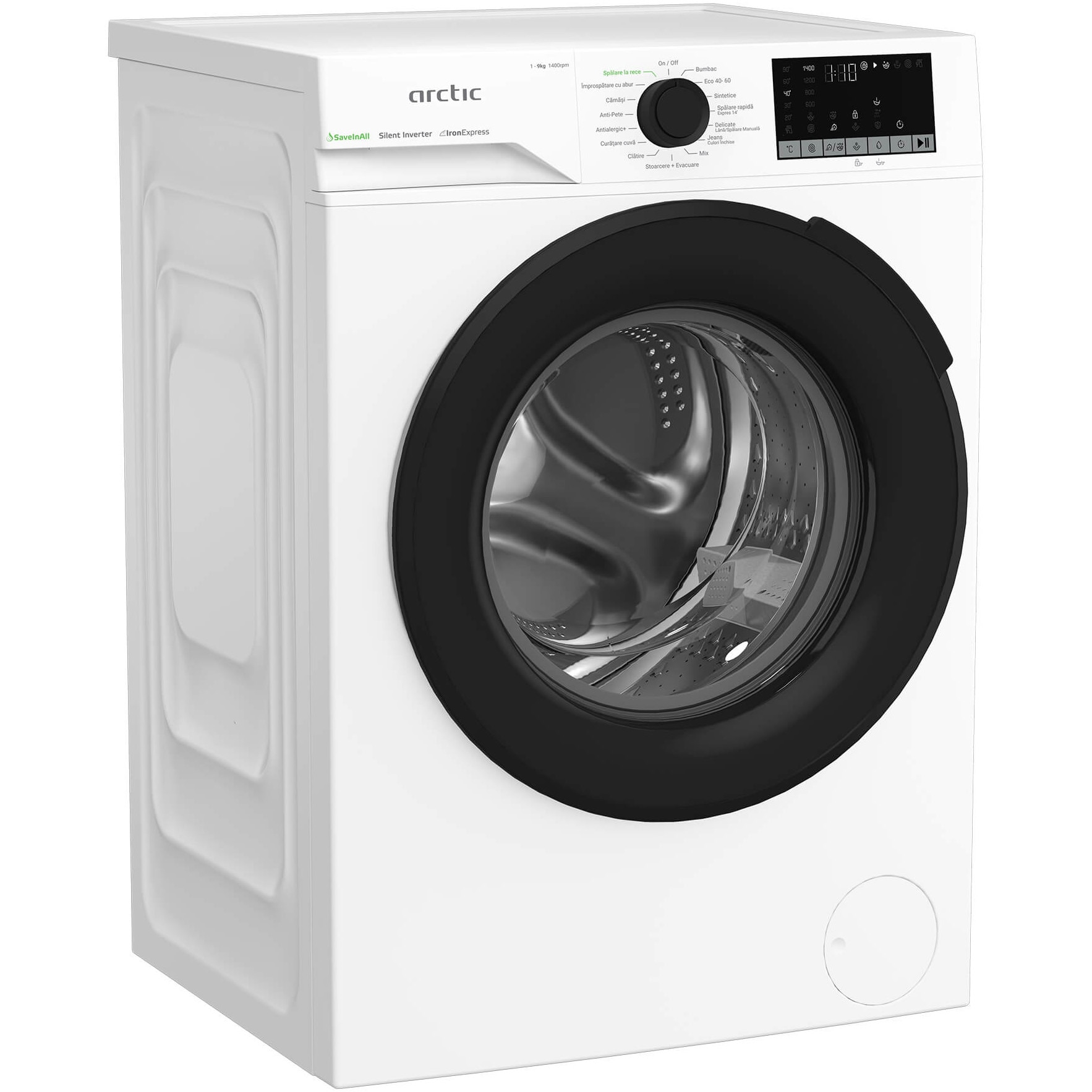 Masina de spalat rufe Arctic APLM2WFSU29412WPB, 9 Kg, 1400 RPM,Clasa A, Motor Silent Inverter, ExtraSteam, IronExpress, Recycled Tub, Steam, WaterMode, Child Lock, Add-In, Alb