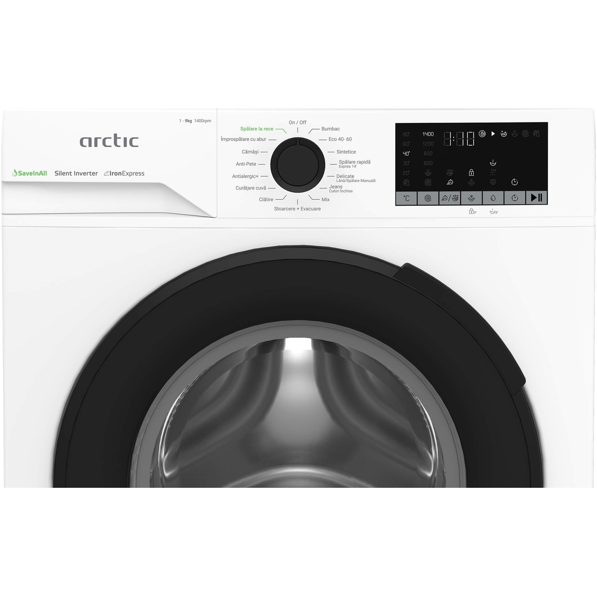 Masina de spalat rufe Arctic APLM2WFSU29412WPB, 9 Kg, 1400 RPM,Clasa A, Motor Silent Inverter, ExtraSteam, IronExpress, Recycled Tub, Steam, WaterMode, Child Lock, Add-In, Alb