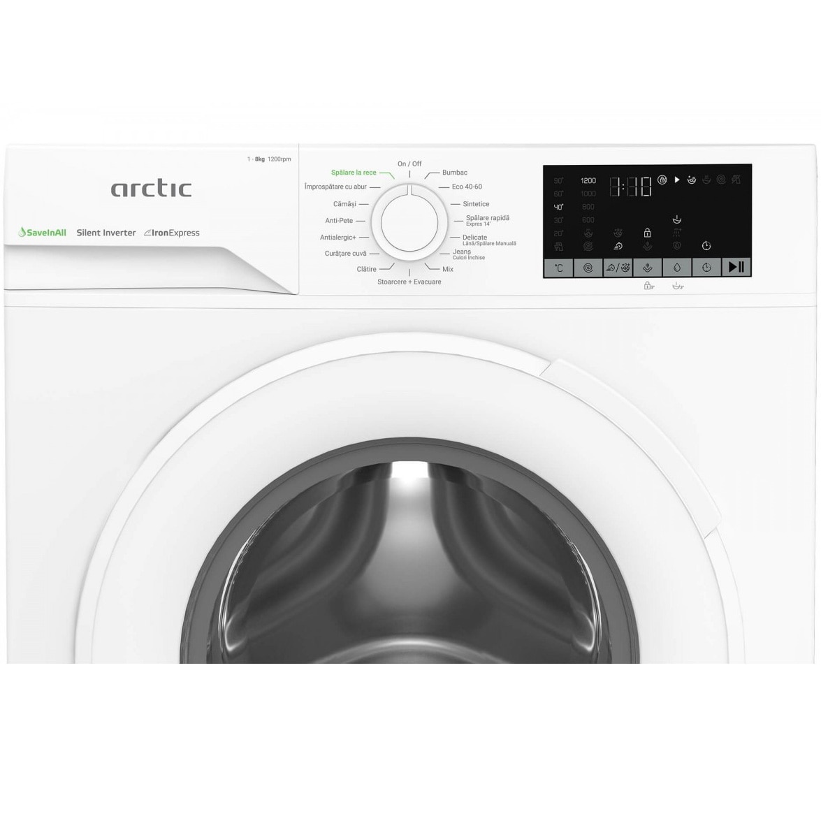 Masina de spalat rufe Arctic APLM2WFSU28211W, 8 Kg, 1200 RPM, Clasa A, Motor Silent Inverter, ExtraSteam, IronExpress, Recycled Tub, Fast/Intensive, Steam, WaterMode, Child Lock, Add-In, Alb