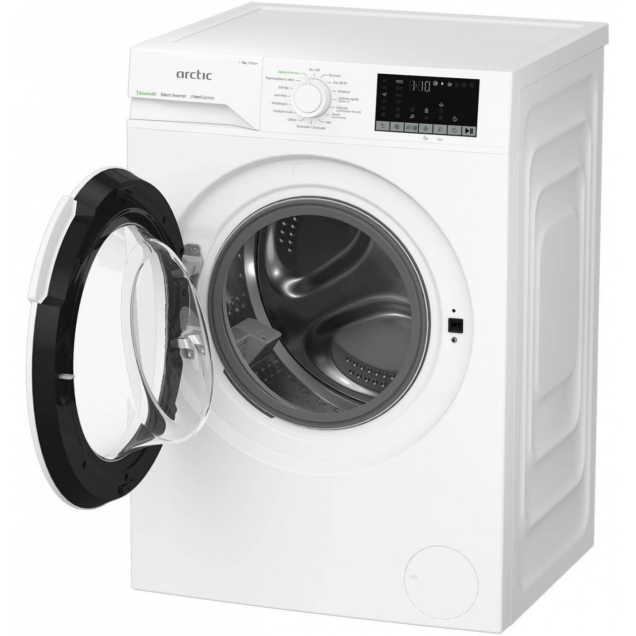 Masina de spalat rufe Arctic APLM2WFSU28211W, 8 Kg, 1200 RPM, Clasa A, Motor Silent Inverter, ExtraSteam, IronExpress, Recycled Tub, Fast/Intensive, Steam, WaterMode, Child Lock, Add-In, Alb