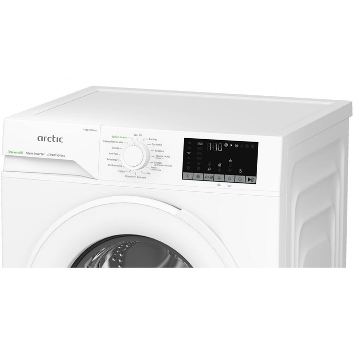 Masina de spalat rufe Arctic APLM2WFSU28211W, 8 Kg, 1200 RPM, Clasa A, Motor Silent Inverter, ExtraSteam, IronExpress, Recycled Tub, Fast/Intensive, Steam, WaterMode, Child Lock, Add-In, Alb