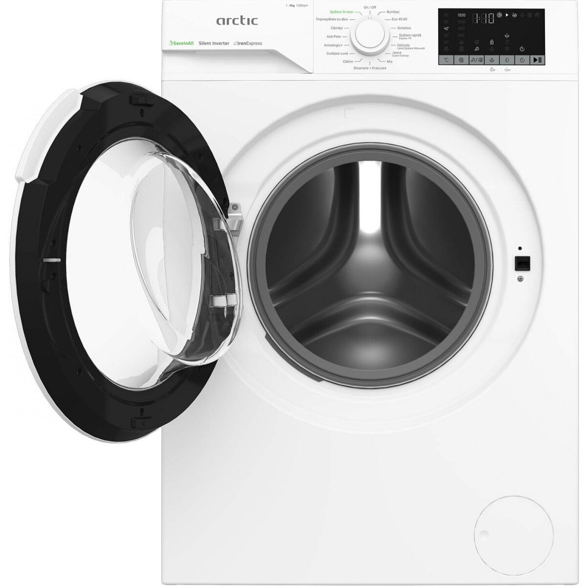 Masina de spalat rufe Arctic APLM2WFSU28211W, 8 Kg, 1200 RPM, Clasa A, Motor Silent Inverter, ExtraSteam, IronExpress, Recycled Tub, Fast/Intensive, Steam, WaterMode, Child Lock, Add-In, Alb