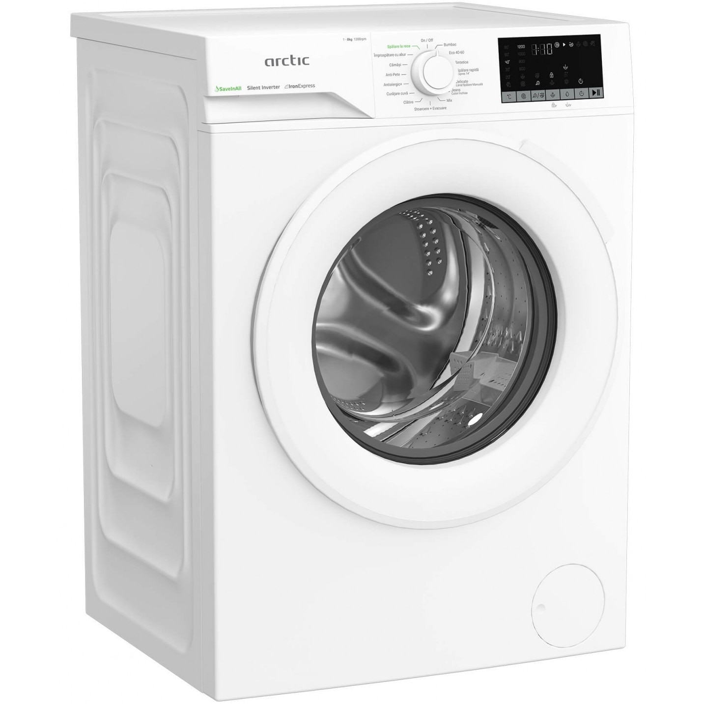 Masina de spalat rufe Arctic APLM2WFSU28211W, 8 Kg, 1200 RPM, Clasa A, Motor Silent Inverter, ExtraSteam, IronExpress, Recycled Tub, Fast/Intensive, Steam, WaterMode, Child Lock, Add-In, Alb