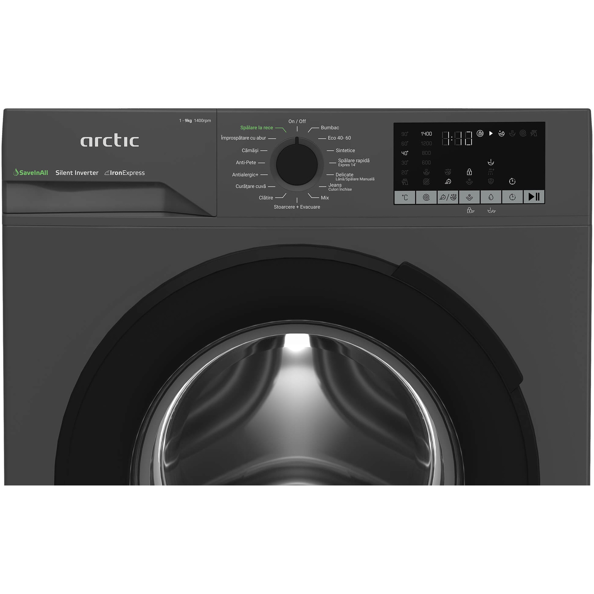 Masina de spalat rufe Arctic APLM2WFSU29412A, 9 Kg, 1400 RPM,Clasa A, Motor Silent Inverter, ExtraSteam, IronExpress, Recycled Tub, Fast/Intensive, Steam, WaterMode, Child Lock, Add-In, Antracit