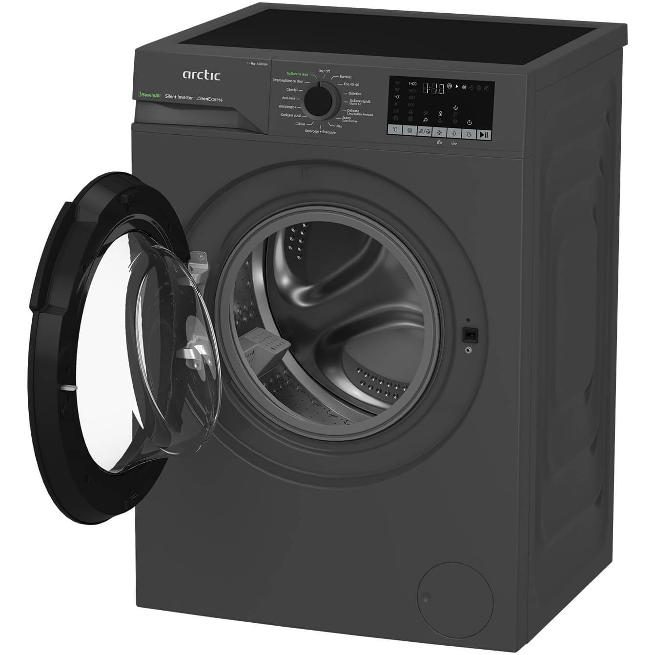 Masina de spalat rufe Arctic APLM2WFSU29412A, 9 Kg, 1400 RPM,Clasa A, Motor Silent Inverter, ExtraSteam, IronExpress, Recycled Tub, Fast/Intensive, Steam, WaterMode, Child Lock, Add-In, Antracit