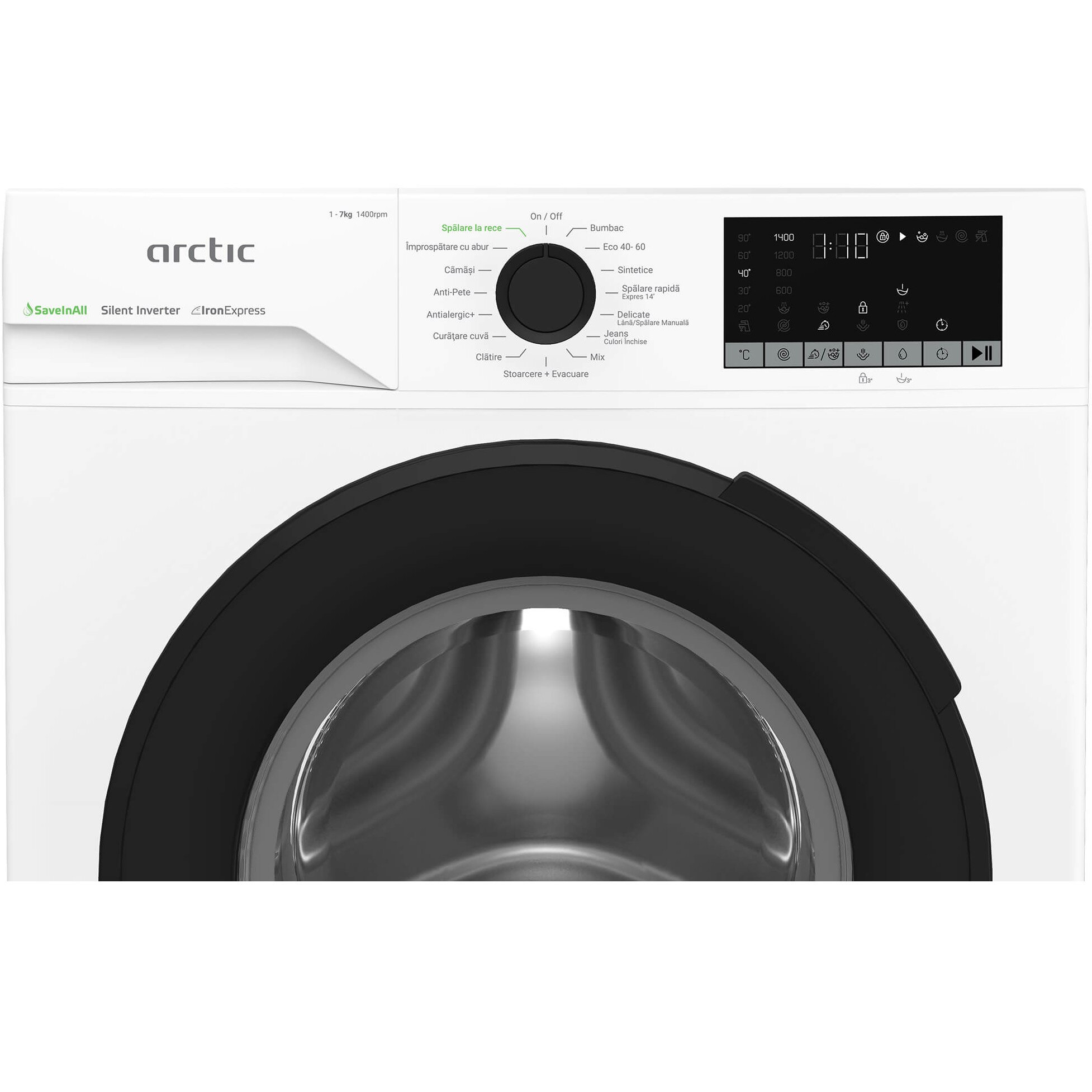 Masina de spalat rufe Arctic APLM2WFSU27411W, 7 Kg, 1400 RPM, Clasa A, Motor Silent Inverter, ExtraSteam, IronExpress, Recycled Tub, Fast/Intensive, Steam, WaterMode, Child Lock, Add-In, Alb