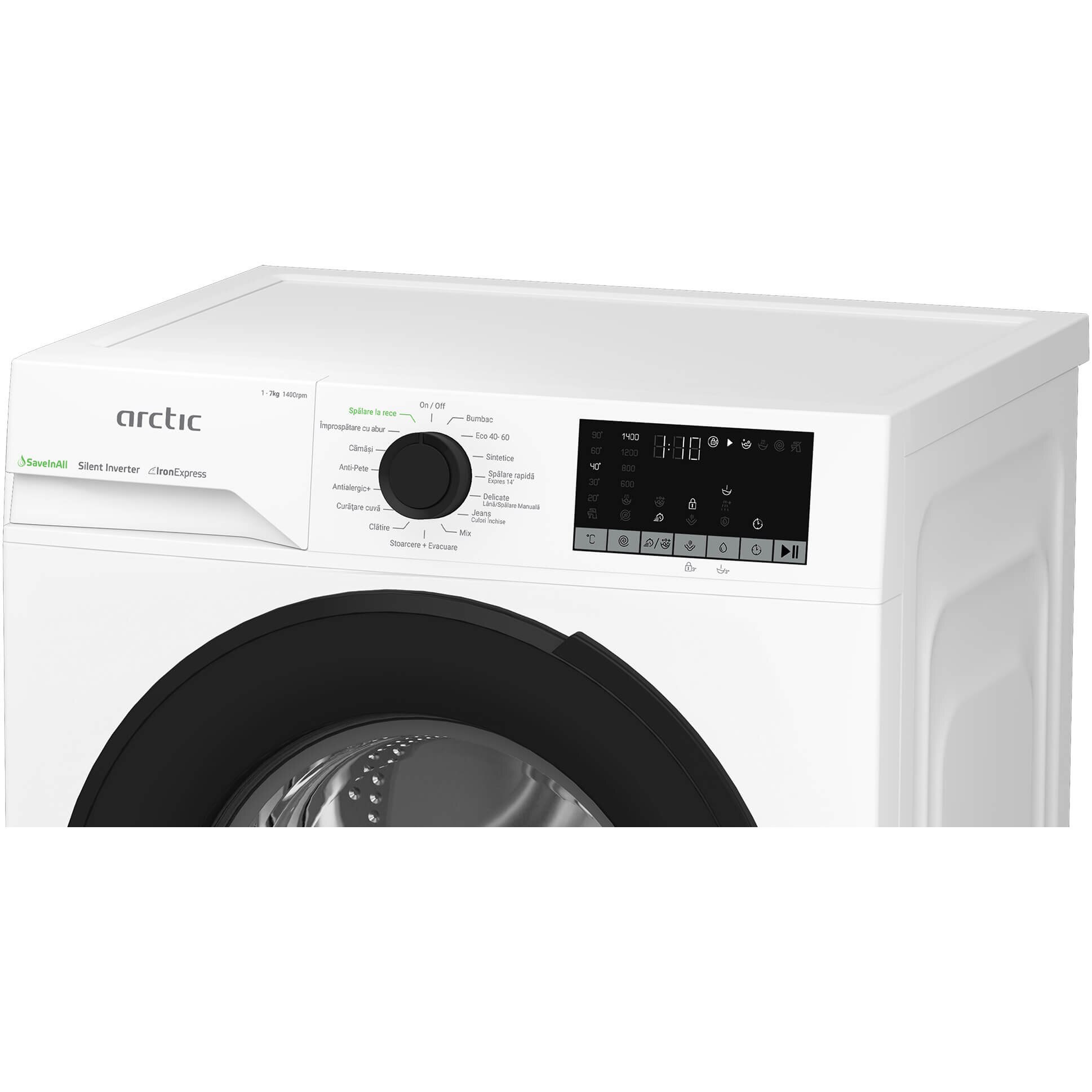 Masina de spalat rufe Arctic APLM2WFSU27411W, 7 Kg, 1400 RPM, Clasa A, Motor Silent Inverter, ExtraSteam, IronExpress, Recycled Tub, Fast/Intensive, Steam, WaterMode, Child Lock, Add-In, Alb