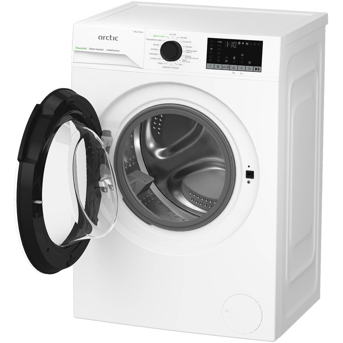 Masina de spalat rufe Arctic APLM2WFSU27411W, 7 Kg, 1400 RPM, Clasa A, Motor Silent Inverter, ExtraSteam, IronExpress, Recycled Tub, Fast/Intensive, Steam, WaterMode, Child Lock, Add-In, Alb