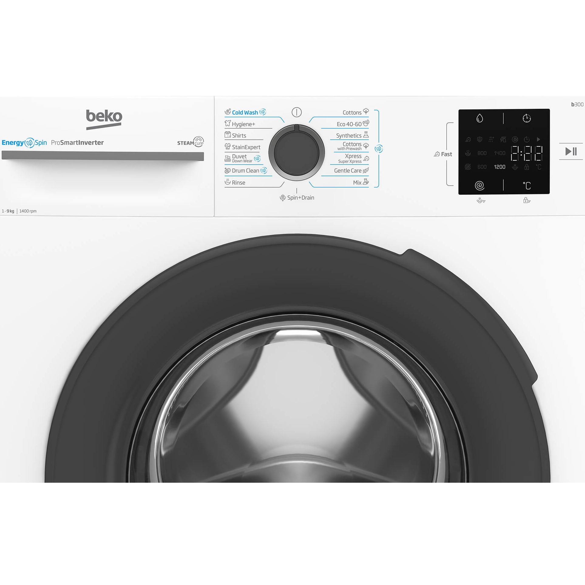 Masina de spalat rufe Beko BM3WFSU39413W, 9 Kg, 1400 RPM, Clasa A, SteamCure, Recycled Tub, ProSmart Inverter Motor, AddXtra, WaterMode, ColdWash, Alb
